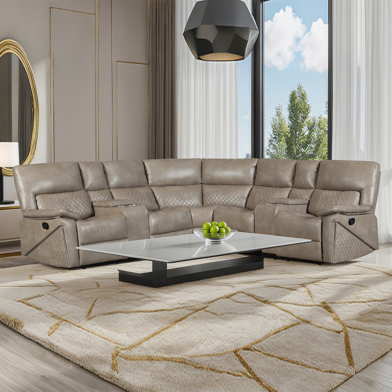Sofa sudut keratan baring manual 5 keping dengan pemegang cawan berwarna coklat