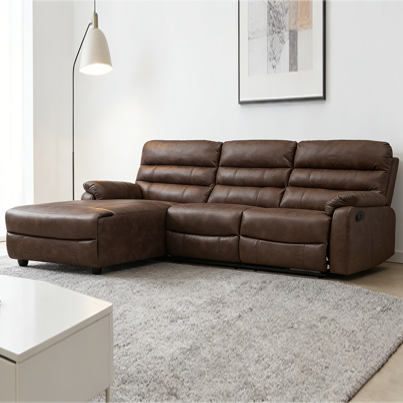 Sofa keratan modular tiga tempat duduk kulit selesa bentuk L dengan ottoman