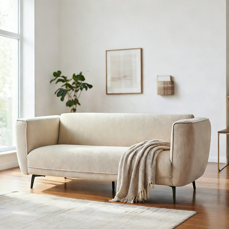 Sofa kerusi empuk dengan upholsteri korduroi moden dengan kaki logam
